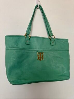 Vintage Tommy Hilfiger Soft Pebbled Leather Mint Green Tote Gold Bag Large